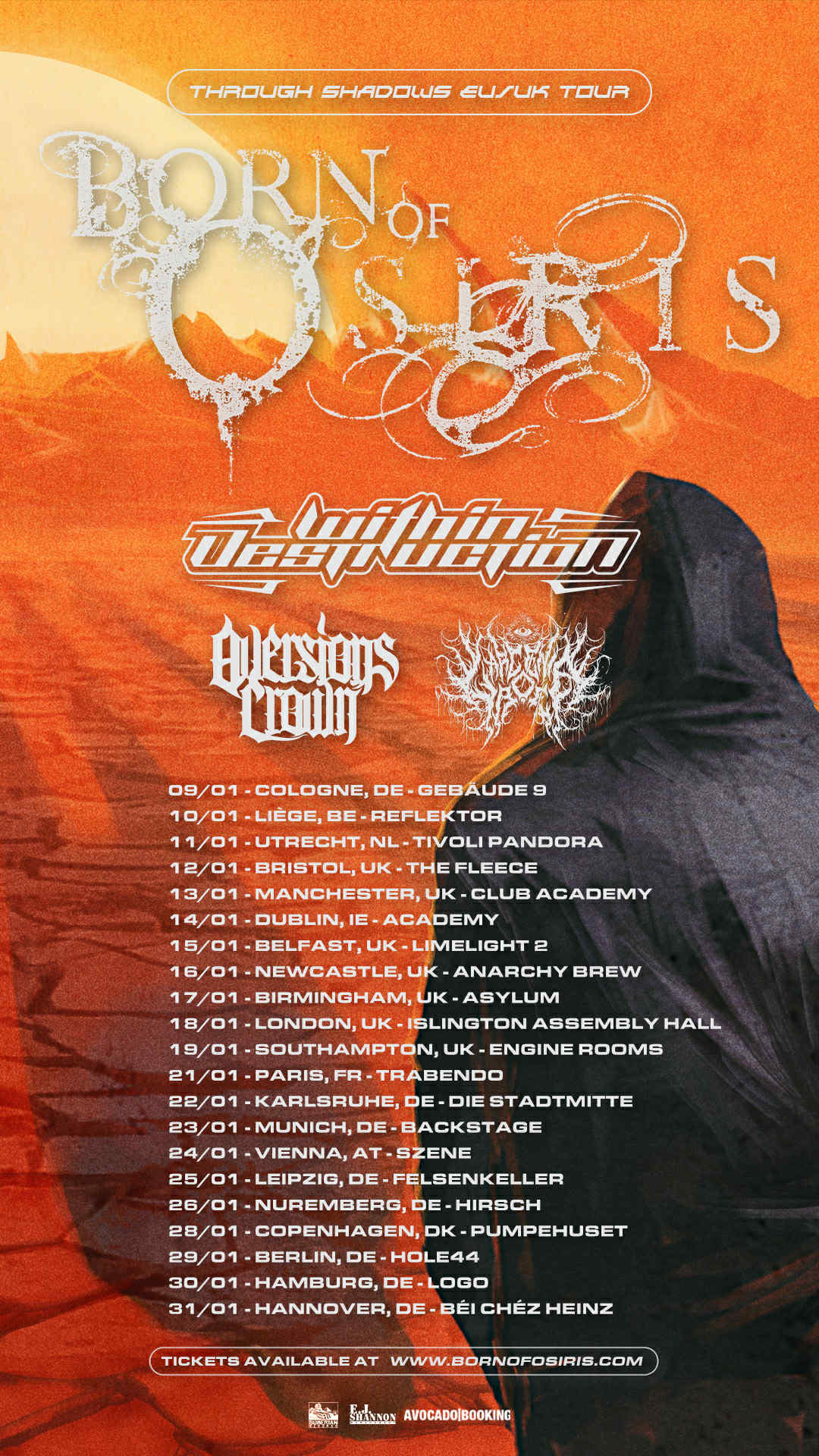 Born of Osiris EU/UK Tour poster with full city/date list including Aversions Crown.