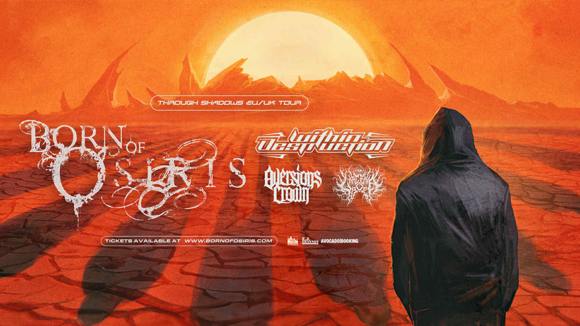 Born of Osiris EU/UK Tour banner featuring Within Destruction, Aversions Crown, and Vulvodynia.